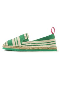 Green and cream striped espadrille with a braided jute sole and a rubber bottom. Features a pink pull tab and a small metallic accent.