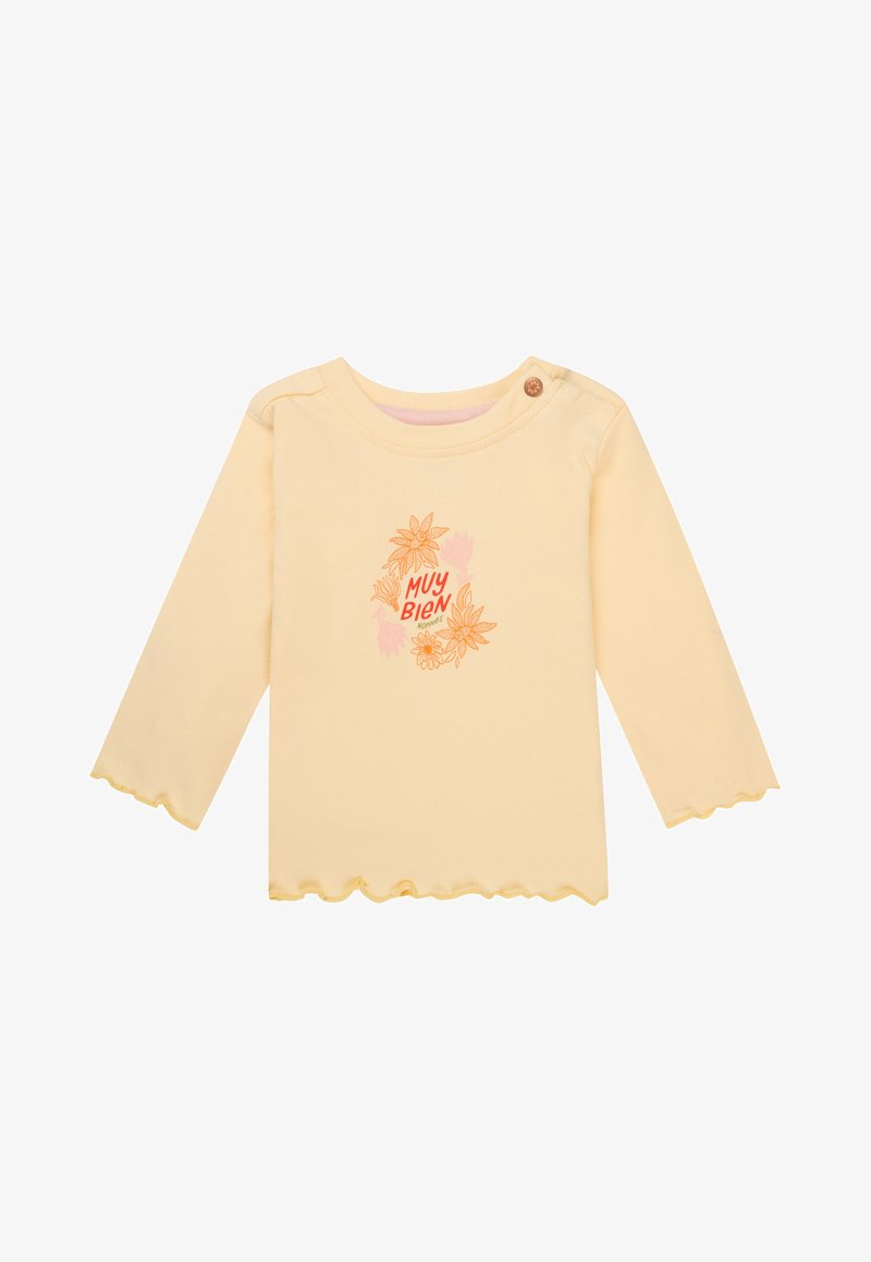 Langärmliges gelbes Oberteil aus weichem Stoff mit einem gewellten Saum, Rundhalsausschnitt und einem floralen "Muy Bien"-Grafik in Orange. Mit einem Schulterknopf.