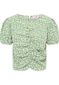 Grüne Bluse mit weißem Blumenmuster, kurzen Puffärmeln, raffiniertem Detail an der Vorderseite und einem Schlüsselaugenverschluss hinten.