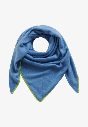 Foulard triangolare in morbido tessuto blu con una finitura testurizzata. Presenta una cucitura verde brillante lungo i bordi. Apertura centrale per lo styling.