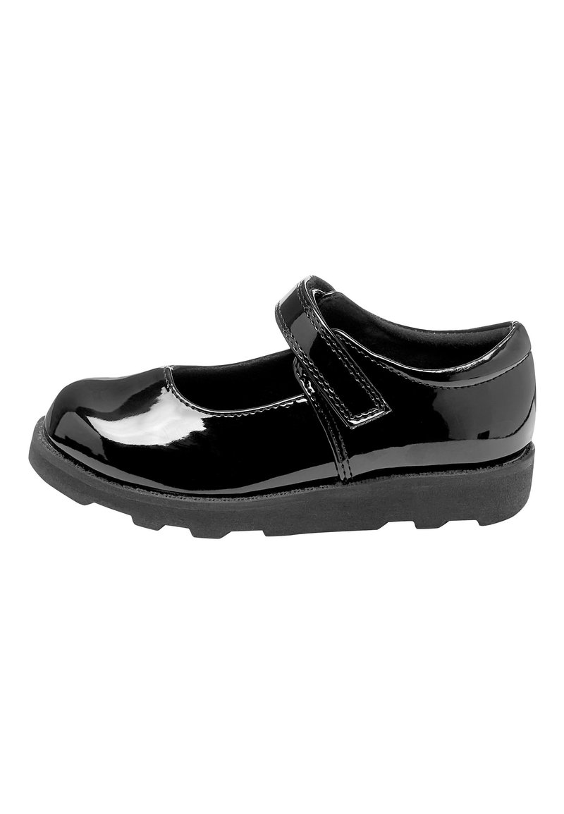 Zwarte lakleren Mary Jane-schoen met een enkele verstelbare band, ronde neus en een getextureerde rubberen zool voor grip.
