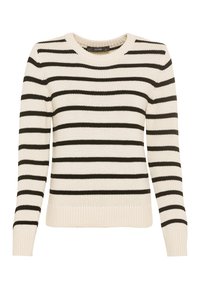 Pasiasty sweter typu pulower w kremowo-czarnym kolorze, z okrągłym dekoltem i długimi rękawami, wykonany z teksturowanej dzianiny.