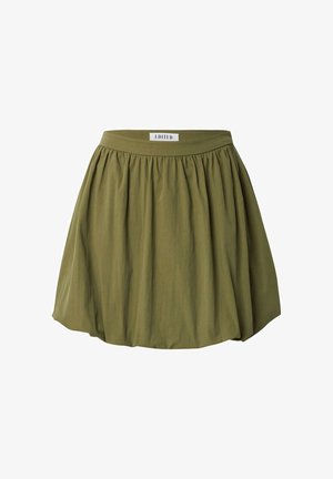Olive green, knee-length skirt made of lightweight fabric. Features a gathered design and elastic waistband with a label reading "EDITED."