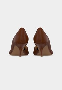 Καφέ δερμάτινα παπούτσια με ψηλό τακούνι και μυτερό μπροστινό μέρος, με διακριτική λεπτομέρεια ραφής και λεπτό τακούνι, εμφανιζόμενα από πίσω.