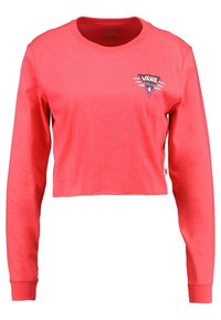 Roter langärmliger Crop-Top aus Baumwolle mit einem schwarzen und lila Vans-Logo auf der Brust und gerippten Bündchen. Weiche Textur.