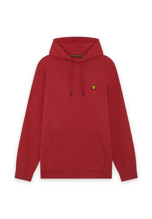 Felpa con cappuccio rossa a maniche lunghe con tasca a marsupio frontale, cappuccio con coulisse e piccolo logo giallo a forma di uccellino sul petto a sinistra.