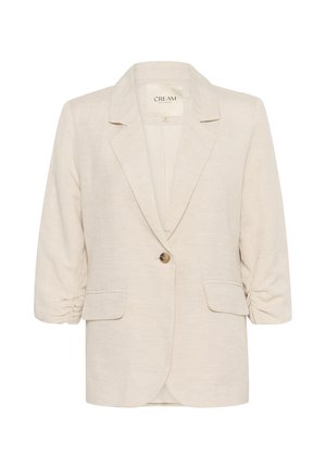 Hellbeige Leinenblazer mit einem Reverskragen, einreihiger Knopfverschluss und gerafften 3/4-Ärmeln. Verfügt über zwei vordere Taschen.