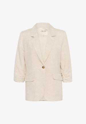 Heledbeez linane bleiser, millel on notšitud krae, ühekohaline kinnis ja rüüpane 3/4 varrukad. Omab kahte eesmist taskut.