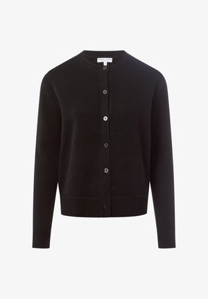 Black cardigan made from textured knit fabric, featuring a round neckline, button closures down the front, and ribbed cuffs and hem.