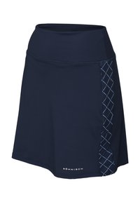 Skort atlético de color marino con una textura suave, cinturilla ancha y un panel lateral con un patrón de formas de diamante azules. Logo de Röhnisch en el dobladillo.