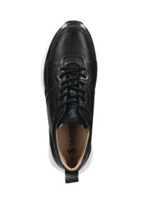 Black leather sneaker with a rounded toe, lace-up front, and white rubber sole. Features a blue logo on the tongue and minimal stitching details.