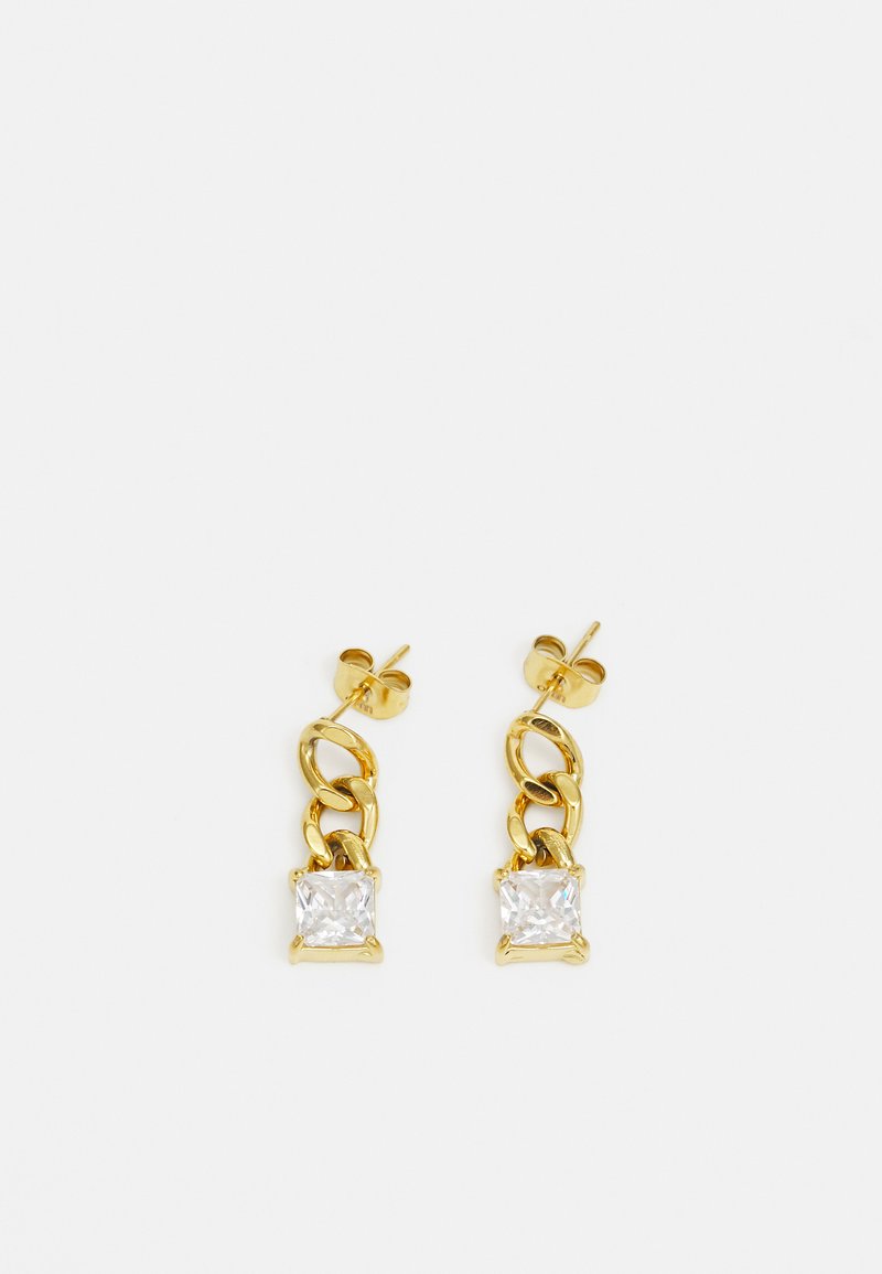 Goldene Ohrringe mit einem Kettendesign und einem quadratischen, klaren Edelstein an der Unterseite. Polierte Oberfläche mit sicherem Stecker.