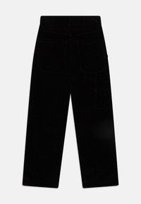 Pantaloni in corduroy neri con un design a gamba dritta, dotati di due tasche posteriori e una tasca laterale. Texture morbida e motivo a coste visibile.