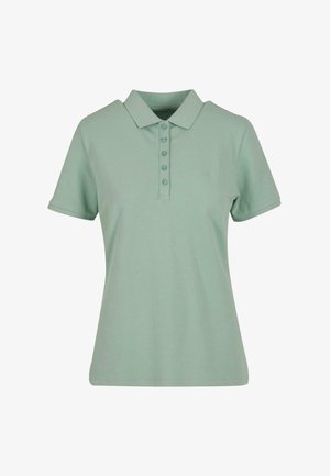 Šviesiai žalia trumpomis rankovėmis polo marškinėliai su penkiais mygtukais ir klasikinėmis apykaklėmis, pateikti ant paprasto balto fono.