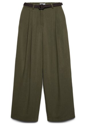 Pantaloni verde oliva a vita alta e gamba larga con pieghe e cintura intrecciata marrone scuro in vita.