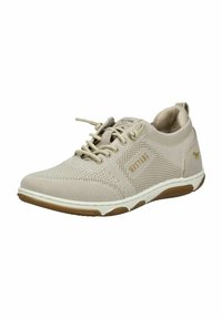 Beige Sport Schuh mit einem atmungsaktiven Mesh-Obermaterial, gerundetem Zehenbereich, Schnürsenkeln, einer strukturierten Zwischensohle und einer Gummisohle mit wellenförmigem Muster.