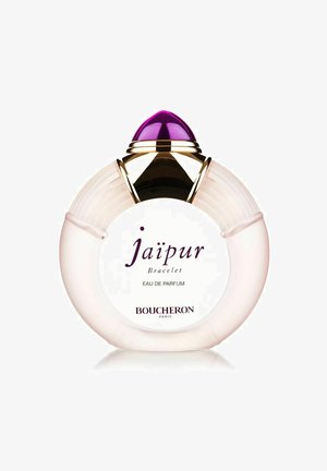 Klart glas parfumburk med en rosa botten, böjd form, guldaccent och ett lila kupollock; märkt "Jaipur Bracelet" av Boucheron.