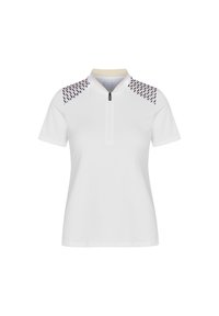 Vit kortärmad polo-shirt med halvmatchning och mönstrade detaljer i blått och rött vid axlarna. Slät, lättviktig tyg.