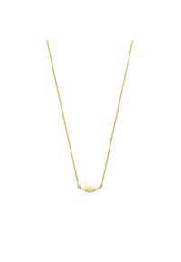 Gouden ketting met een delicaate schakel en een centraal bladpendant met een gladde afwerking en complexe aderingdetails.