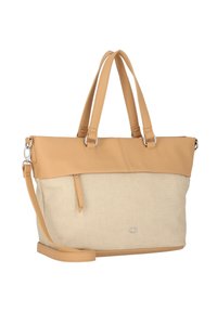 Borsa in pelle marrone chiaro e tela beige con doppio manico superiore, tracolla removibile e dettaglio del logo sul davanti. Design semplice e funzionale.