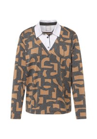 Graues Langarm-Poloshirt mit V-Ausschnitt und weißem Kragen; mit beigem abstraktem Muster; aus weichem Baumwollmischgewebe gefertigt.