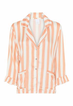 Pajama gornji dio s prugicama u narančastoj i bijeloj boji, s ovratnikom, zatvaranjem na dugmad i naboranim manžetama. Ima dvije prednje džepove. Glatka tekstura tkanine.