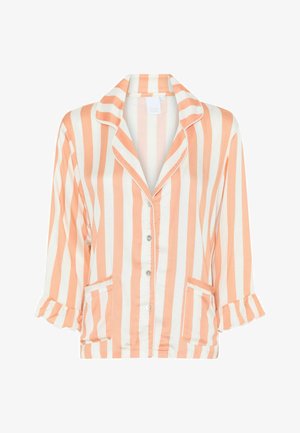 Pajama gornji dio s prugicama u narančastoj i bijeloj boji, s ovratnikom, zatvaranjem na dugmad i naboranim manžetama. Ima dvije prednje džepove. Glatka tekstura tkanine.