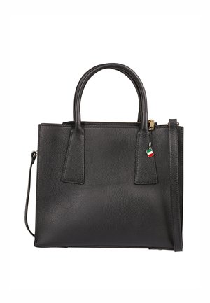 Black leather tote bag with two top handles, zip closure, and detachable shoulder strap. Features a small Italian flag charm and textured surface.