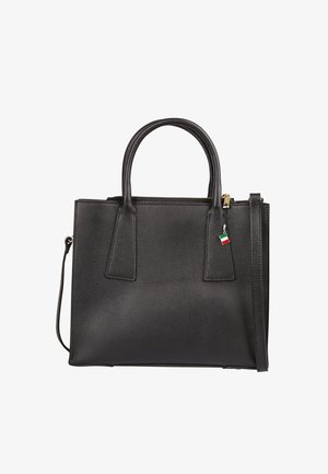Schwarze Ledertasche mit zwei oberen Griffen, Reißverschluss und abnehmbarem Schultergurt. Verfügt über einen kleinen italienischen Flaggenanhänger und eine strukturierte Oberfläche.