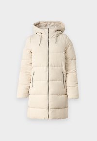 Manteau matelassé beige avec un motif en velours côtelé texturé, fermeture éclair sur le devant, capuche ajustable et deux poches latérales zippées, présentant une coupe longue et ajustée.