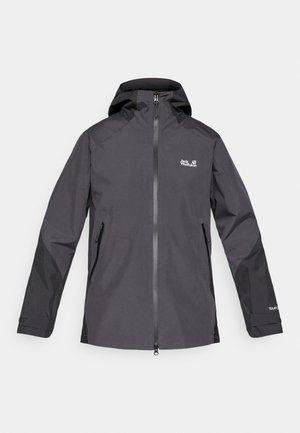 Vízálló fekete dzseki cipzáras elejjel, állítható kapucnival és két oldalzsebbel; bal mellrészen logóval és texturált ujjakkal.