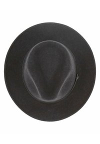 Schwarzer Filz-Hut mit breiter Krempe und glatter Oberfläche, ausgestattet mit einer flachen Krone und einer dezenten, zentralen Vertiefung an der Spitze.