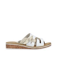 White slide sandals with a cork sole, featuring metallic gold accents and a woven strap design. Smooth texture with cut-out details.