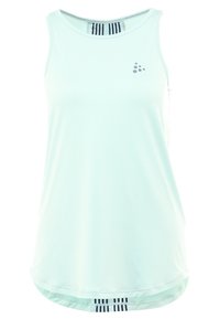 Canotta atletica verde menta con design senza maniche, orlo curvo e accenti a strisce nere sul retro. Realizzata in un materiale leggero e traspirante.