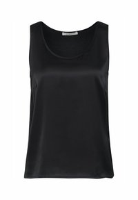 Schwarzes ärmelloses Oberteil aus glattem, glänzendem Stoff mit rundem Halsausschnitt. Einfaches Design ohne sichtbare Verzierungen oder Muster.