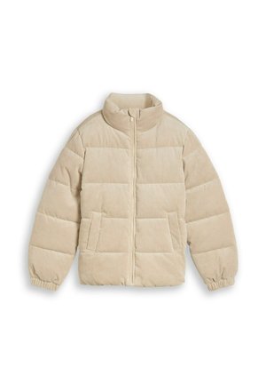 Giubbotto imbottito beige in velluto a coste con collo alto, cerniera frontale, polsini elastici e due tasche frontali, disteso su uno sfondo bianco.