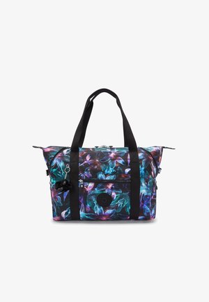 Blume-musterte, synthetische Reisetasche in Schwarz, Lila und Türkis, mit doppelten Obergriffen, einem Reißverschlusshauptfach und einem dekorativen Anhänger.