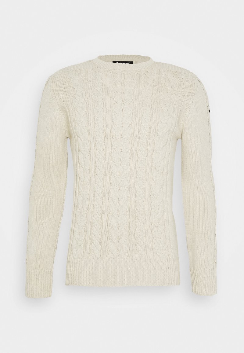 Pull à col rond en maille torsadée de couleur crème avec manches longues, poignets et ourlet côtelés, présenté à plat sur fond blanc.