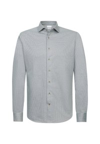 Męska koszula z długim rękawem w jasnoszarym kolorze, z delikatnym, drobnym wzorem w kratę i klasycznym kołnierzykiem.
