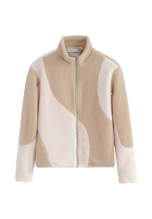 Veste en polaire avec fermeture éclair à l'avant, arborant un motif abstrait beige et crème, col montant et tissu texturé et doux.