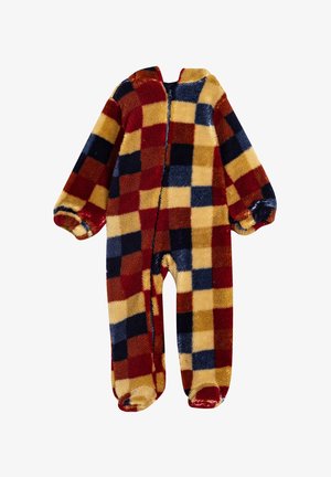 Fleece jumpsuit med ternet mønster i rød, gul, blå og brun. Lynlås lukning, lange ærmer og runde åbningshuller til fødderne.