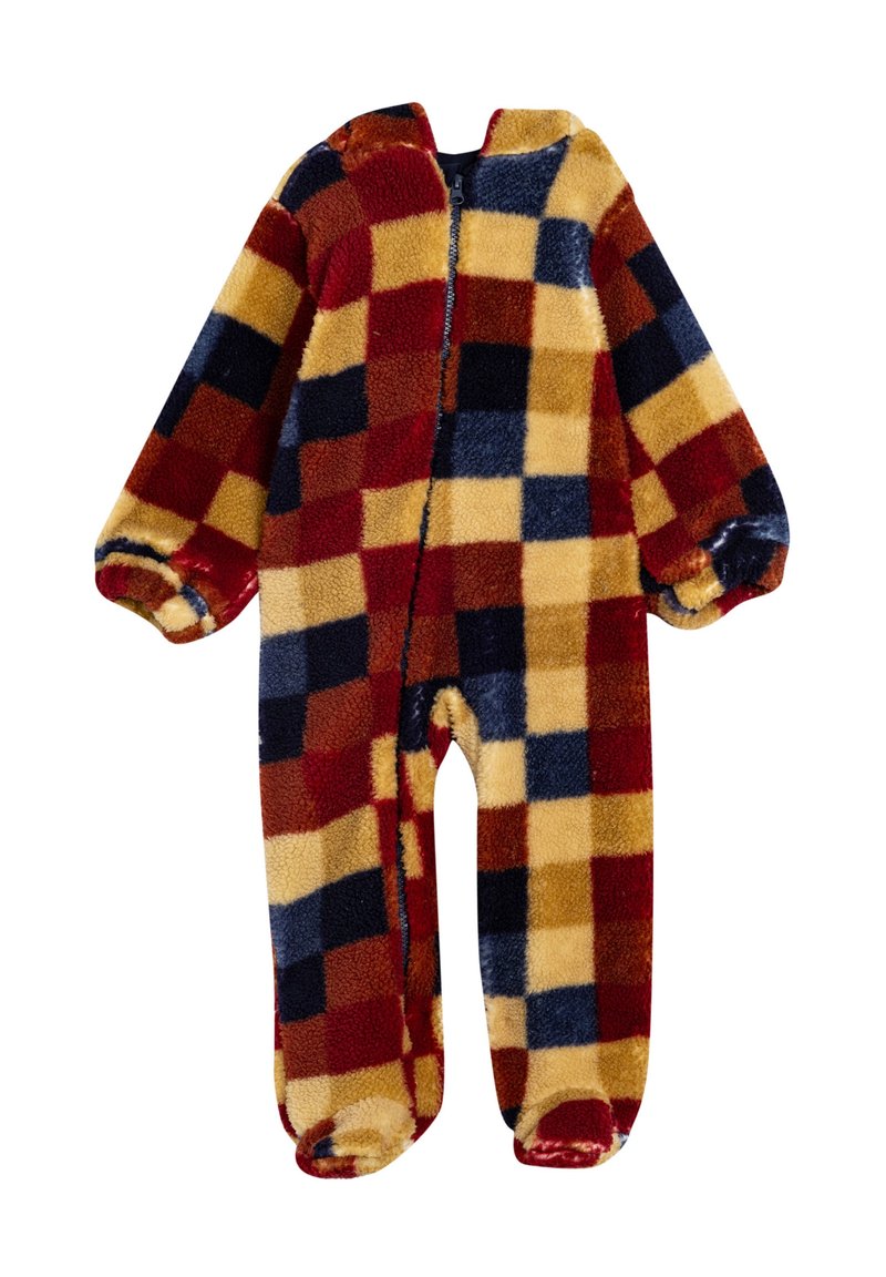 Fleece jumpsuit med ternet mønster i rød, gul, blå og brun. Lynlås lukning, lange ærmer og runde åbningshuller til fødderne.