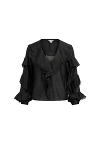 Blouse noire à manches longues avec décolleté en V profond, bordure froncée à l'avant et volants empilés sur les manches bouffantes.