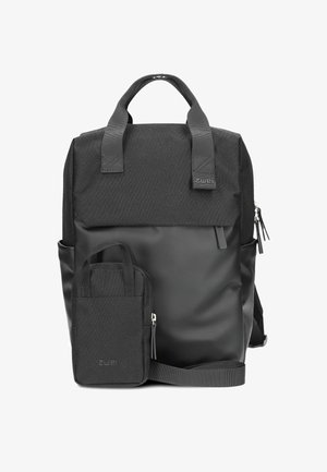 Sac à dos noir bicolore avec poignées supérieures, poche frontale zippée et petite pochette détachable avec poignées et bandoulière.