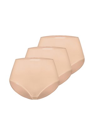 Trzy beżowe, bezszwowe figi z wysokim stanem ułożone obok siebie na białym tle, pokazujące widok z przodu i z boku.