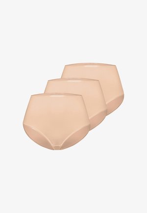 Tre beige højtaljede sømløse trusser arrangeret side om side på en hvid baggrund, der viser front- og sidevisninger.