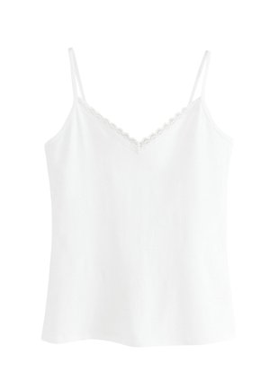 White camisole with thin straps, V-neckline, and lace trim along the top edge. Made of soft, lightweight fabric with a smooth texture.