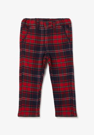 Rood en marineblauwe geruite broek met een zachte textuur, voorzien van een elastische tailleband, twee voorzakken en een knoopsluiting.