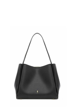 Czarna skórzana torebka na ramię z dwoma długimi cienkimi paskami oraz małą złotą ozdobą na środku dolnej części przodu.