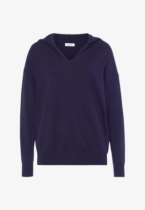 Granatowy rozpinany sweatshirt z dekoltem w serek, luźnym krojem, opuszczonymi ramionami i długimi rękawami. Miękka, fakturowana tkanina bez widocznych wzorów.